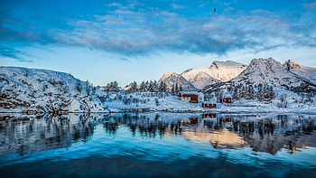 Lofoten Islands, Norway, snow, reflections, sea, winter, houses, water, mountains HD wallpaper