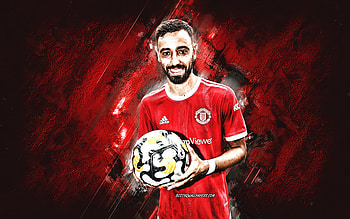 Bruno Fernandes, Manchester United FC, Portuguese footballer, midfielder, grunge art, red stone background, Premier League, England, soccer HD wallpaper
