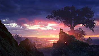 Dawn Sentinel: Artistic Lion Landscape — Quad, landscape, lion, nature, artistic HD wallpaper