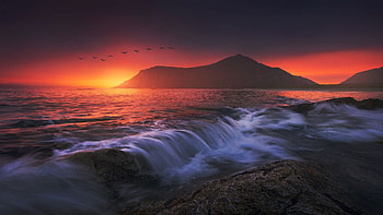 The Lofoten Islands, Norway, water, sea, waves, colors, clouds, sky, mountain HD wallpaper