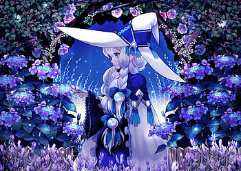 Witch Garden, silver hair, blue, madien, floral, long hair, beauty, nice, witch, rose, lady, cg, flower, magical, , hat, female, blossom, sweet, magic, garden, girl, beautiful, anime girl, anime, pretty, lovely, flora HD wallpaper