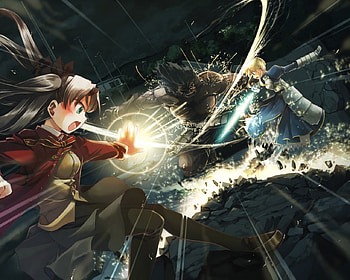 battle Rin vs. Saber, saber, fate stay night, tosaka rin, battle HD wallpaper