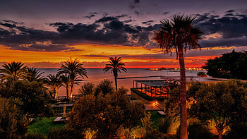 Sunset at the coast of Cyprus, sea, landscape, clouds, mediterranean, sky, palm trees, beach HD wallpaper
