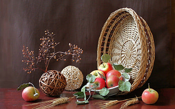 Still life, basket tray, fruits, food HD wallpaper