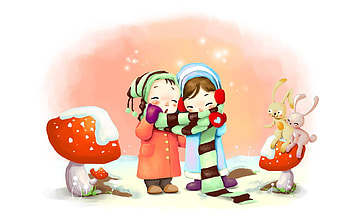 Winter, Children, Mashrooms, Snowflakes, Miscellanea, Miscellaneous, Drawing, , Breath, Scarf, Hares, Zaychata HD wallpaper