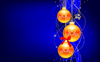 Christmas blue and gold, red bows stars, christmas, hanging, blue background, gold balls HD wallpaper