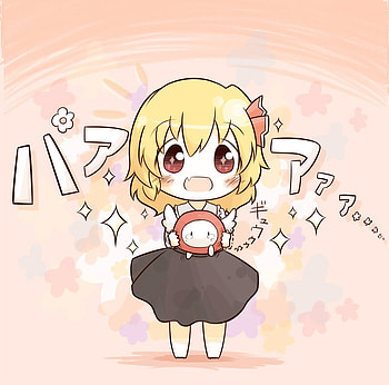 Chibi Rumia, colorful, petit, ribbon, cute, rumia, anime girl, black dress, pink, chibi, anime, touhou, short hair, shrine maiden project HD wallpaper