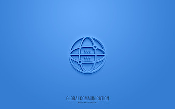 global communication 3d icon, blue background, 3d symbols, global communication, technology icons, 3d icons, global communication sign, technology 3d icons HD wallpaper