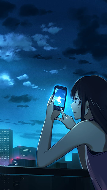 Moonlight on Her Screen, moon, smart, long hair, black hair, Anime, Original HD phone wallpaper