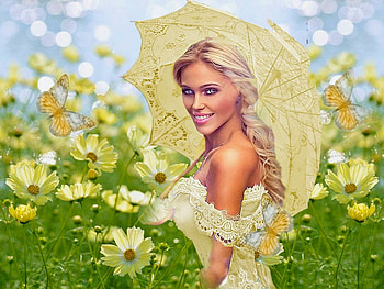Sunny Yellow 2, dress, colorful, blue, umbrella, white, vibrant, girl, butterflies, vivid, yellow, bright, bold, flowers HD wallpaper