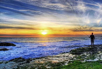 Sunset Over the Ocean, blue, fishing, person, grass, people, land, shore, clouds, nature, sky, water, ocean HD wallpaper
