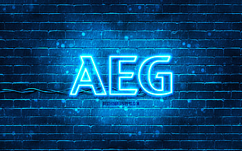 AEG blue logo, , blue brickwall, AEG logo, brands, AEG neon logo, AEG HD wallpaper