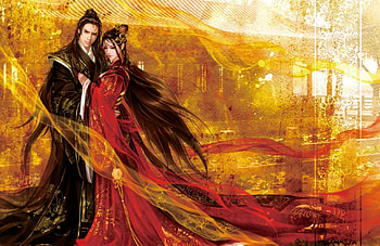 Fantasy couple, black, asian, man, girl, woman, valleyhu, fantasy, prince, yellow, red, couple, luminos, princess HD wallpaper