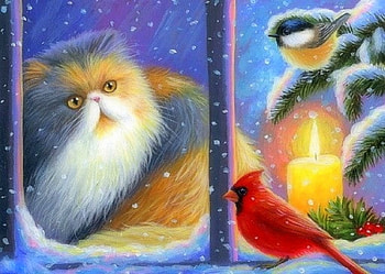 Birds at Jasmine's Window, winter, holidays, birds, window, winter holidays, paintings, cat, love four seasons, Christmas, candle, animals, snow, xmas and new year HD wallpaper
