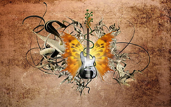 Winged music!, wings, fun, guitar, cute, colours, beauty, nice, 3d, abstract, swirls, mix, pretty HD wallpaper