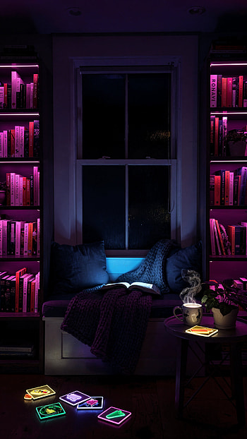 Midnight Reading Nook | Neon Book Nook | Cozy Window Read | Glow, Coffee HD phone wallpaper
