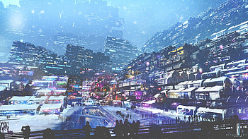 artwork, Digital Art, City, Futuristic, Cyberpunk, Snow, Lights, People, Winter / and Mobile Backgrounds HD wallpaper