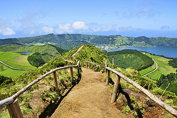 Path in Azores Archipelago, Path, Portugal, Lake, Nature, Azores, Hills HD wallpaper