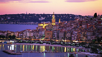 fantastic city harbor beach in france at dusk, city, lights, dusk, harbor, beach HD wallpaper