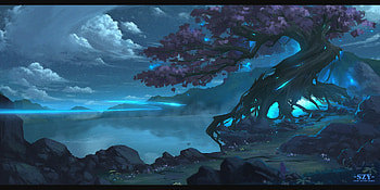 Tree, blue, fantasy, art, landscape, ziyi shen, water, lake HD wallpaper