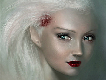 Porcelain red by Omri Koresh, white, omrikoresh, blue eyes, blonde, girl, vampire, woman, omri koresh, painting, fantasy, hair, blood, porcelain red HD wallpaper