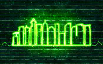 Doha green neon silhouette, , green neon lights, Doha skyline silhouette, green brickwall, qatari cities, neon skyline silhouettes, Qatar, Doha silhouette, Doha HD wallpaper