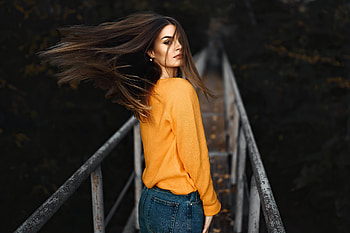 Girl Looking Back Orange Sweater, girls, model, sweater HD wallpaper