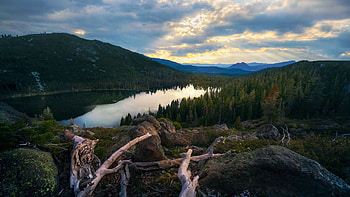 Scintillating morning at Castle Lake, Shasta Trinity National Forest, California, hills, clouds, trees, landscape, sky, forest, usa HD wallpaper