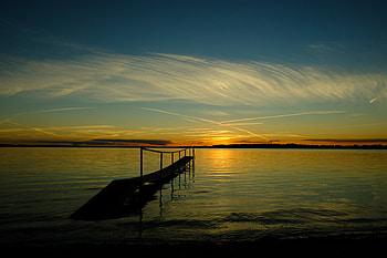 Nature, Rivers, Sunset, Sky, Sea, Horizon, Shore, Bank, Pier, Bridge HD wallpaper