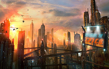 Welcome To Epica, skyway, city, sky, welcome, sunrise, future HD wallpaper