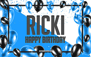 Happy Birtay Ricki, Birtay Balloons Background, Ricki, with names, Ricki Happy Birtay, Blue Balloons Birtay Background, Ricki Birtay HD wallpaper