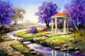 Gazebo in Garden, attractions in dreams, gazebo, garden, paintings, streams, summer, love four seasons, nature, flowers HD wallpaper