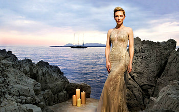 Cate Blanchett, sea, golden, model, actress, dress, woman, rock, summer, stone, candles, evening HD wallpaper