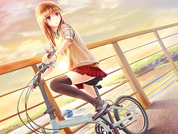 Bicycle, sunray, blouse, long hair, nice, lady, scenery, scenic, maiden, bike, cloud, female, skirt, sweet, scene, wheel, girl, ray, kawaii, anime girl, anime, pretty, light, sky, lovely, cut HD wallpaper