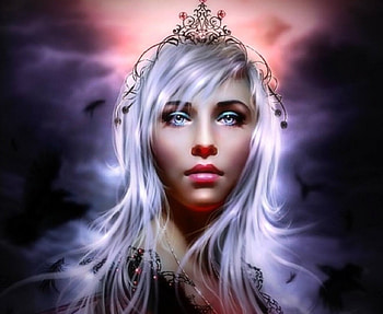Queen of Black Widow, weird things people wear, digital art, creative pre-made, crown, love four seasons, fantasy, manipulation, white hair, models HD wallpaper