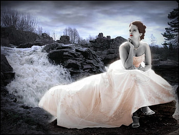 Perfect Princess, waterfall, girl, fantasy, sitting HD wallpaper