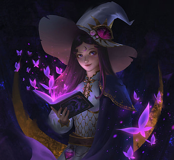 Witch, girl, luminita pham, dark, hat, art, halloween, purple, butterfly, fantasy, luminos HD wallpaper
