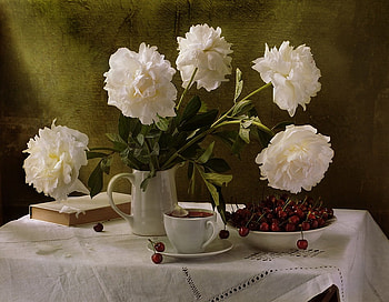 still life, white, graphy, peony, kettle, paper, cup, cherry, flowers, flower bouquet, drink HD wallpaper