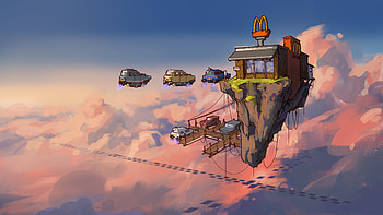 Flying Cafe, artist, artwork, digital-art HD wallpaper