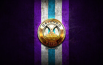 Orlando Pride FC, golden logo, NWSL, violet metal background, american soccer club, National Womens Soccer League, Orlando Pride logo, soccer, Orlando Pride HD wallpaper