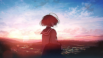 Anime girl, sunset, outdoor, art HD wallpaper