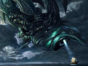 abduction, sea, starship, boat, light, clouds HD wallpaper