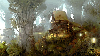 Castle in the Woods, woods, fantasy, lights, castle, forest HD wallpaper