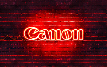 Canon red logo, , red brickwall, Canon logo, brands, Canon neon logo, Canon HD wallpaper