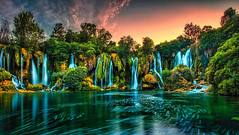 Kravice waterfall, waterfall, beautiful, Europe, sunset, lake HD wallpaper