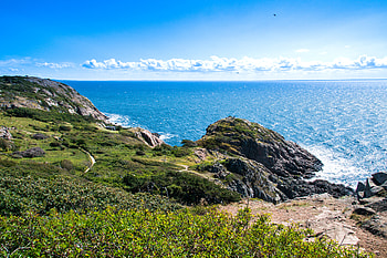 Nature, Sea, Clouds, Bush, Rocks, Horizon HD wallpaper