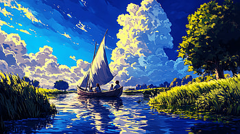 Family day - boat, Anime Landscape HD wallpaper