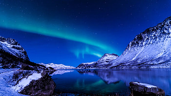 Northern lights over a blue lake on a blue night, Kake, Stars, Winter, Mountains HD wallpaper