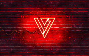 Seventeen red logo, , K-pop, music stars, red brickwall, Seventeen logo, brands, K-Pop Boy Band, Seventeen neon logo, Seventeen HD wallpaper