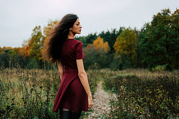 Long Hair Red Dress Outdoors, girls, model HD wallpaper